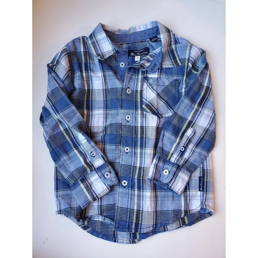 Ben Sherman Boys Plaid Long Sleeve Button Down Shirt Size 3t Blue And White
